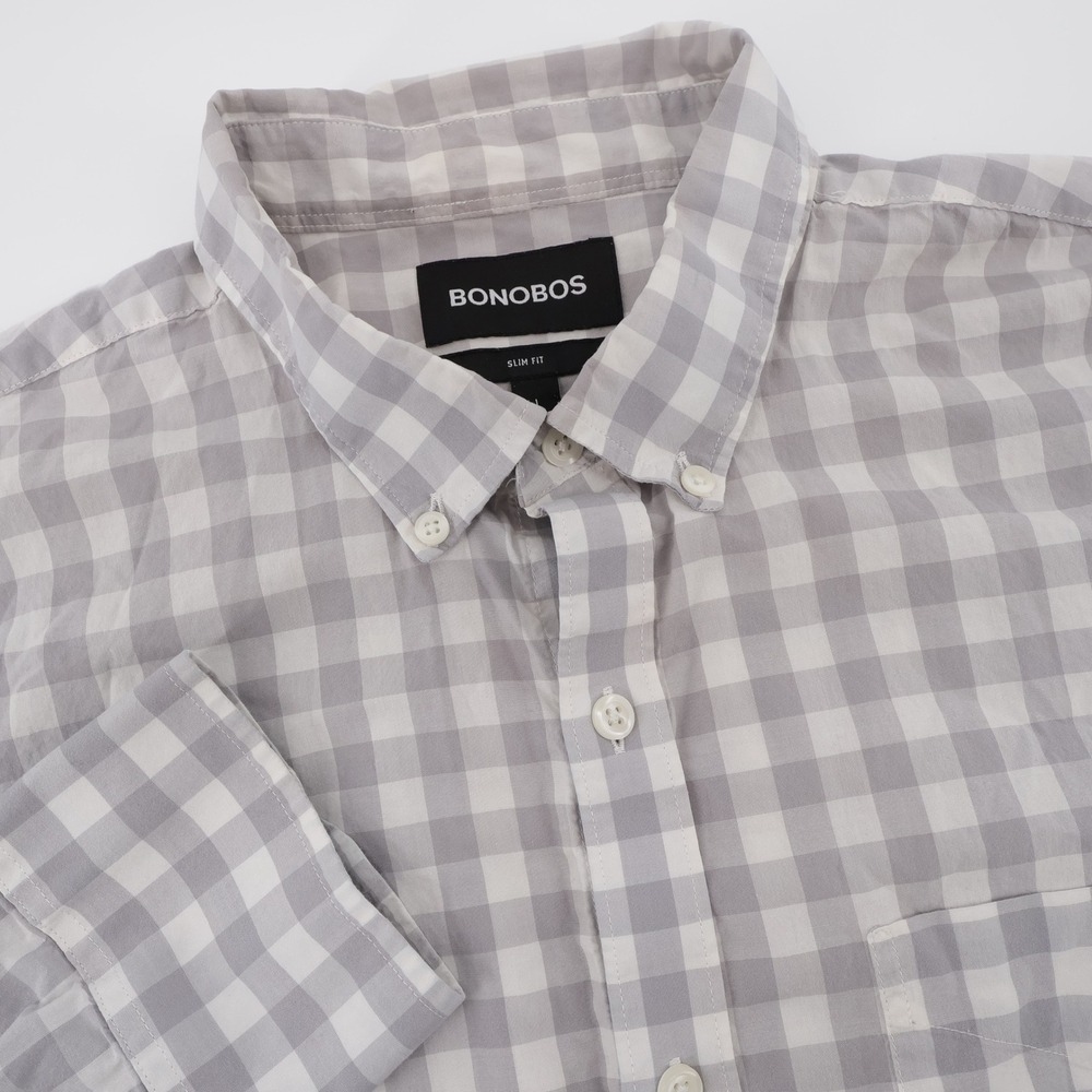 Bonobos Slim Fit‎ Gingham Button Down Shirt Grey Long Sleeve Mens L
